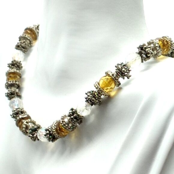 Amber & Clear Beaded Necklace with Silver-tone Spacers - Picture 3 of 15